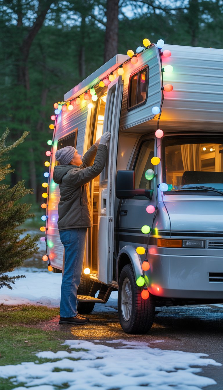 A person hanging colorful Christmas lights around an RV parked outdoors with snow and trees in the background.