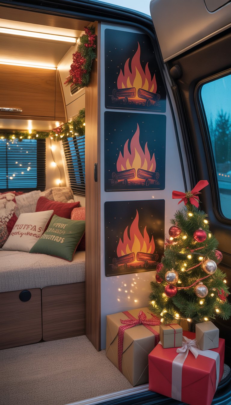 Interior of an RV decorated for Christmas with battery-powered fireplace decals on the wall, a small Christmas tree, string lights, and holiday decorations creating a warm festive atmosphere.