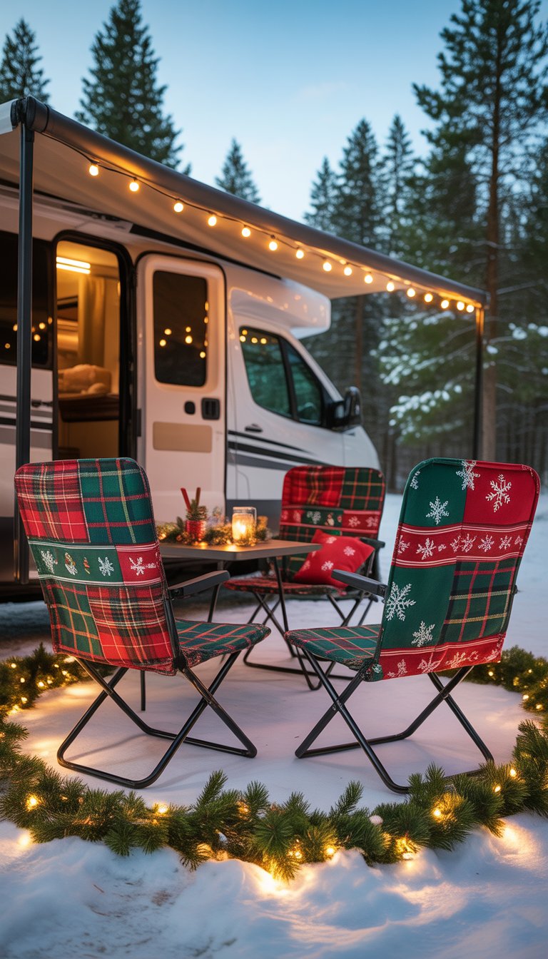 Outdoor folding chairs decorated with Christmas-themed covers at an RV campsite with holiday decorations and pine trees.