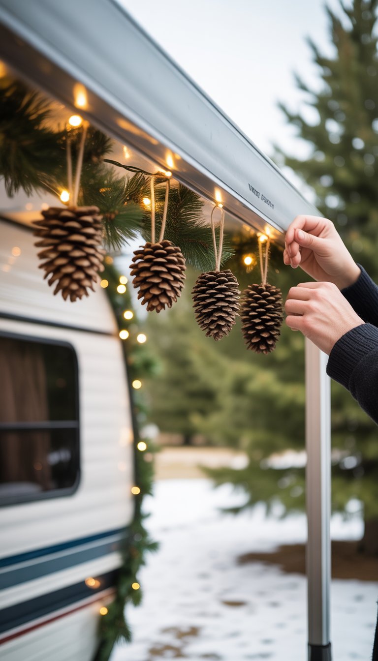 Hands hanging pinecone ornaments from the awning of a decorated RV outdoors in a snowy setting.
