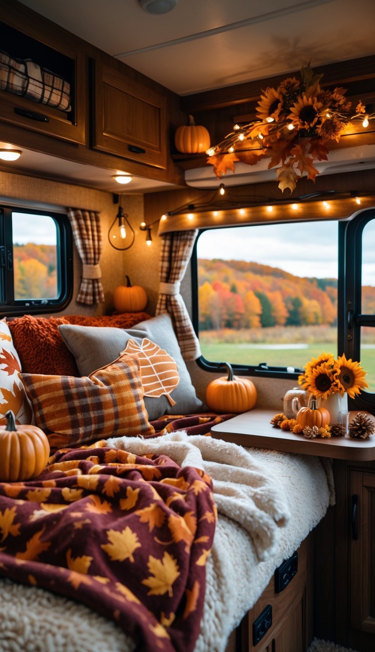 Interior of an RV decorated with fall-themed blankets, pillows, pumpkins, and flowers, with colorful autumn trees visible outside the window.