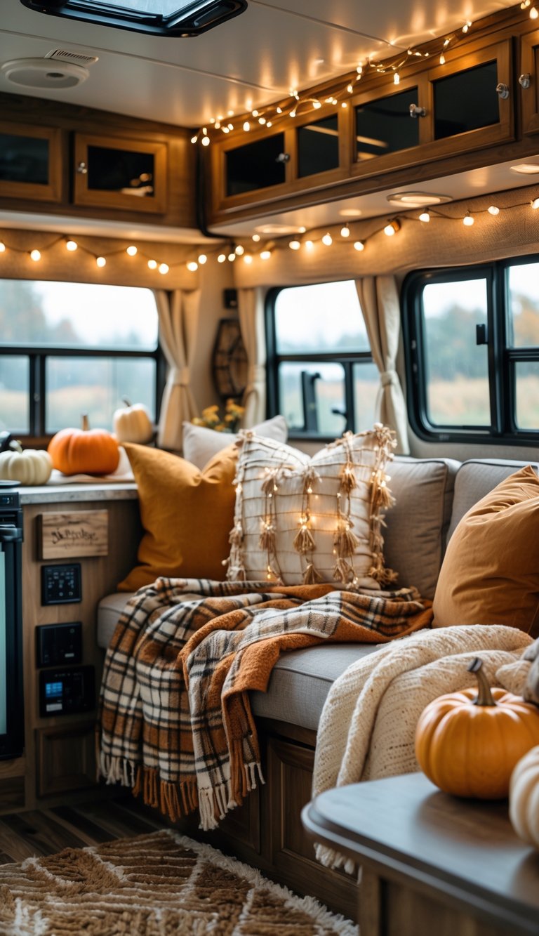 Interior of an RV decorated with warm white fairy lights and autumn-themed items creating a cozy atmosphere.