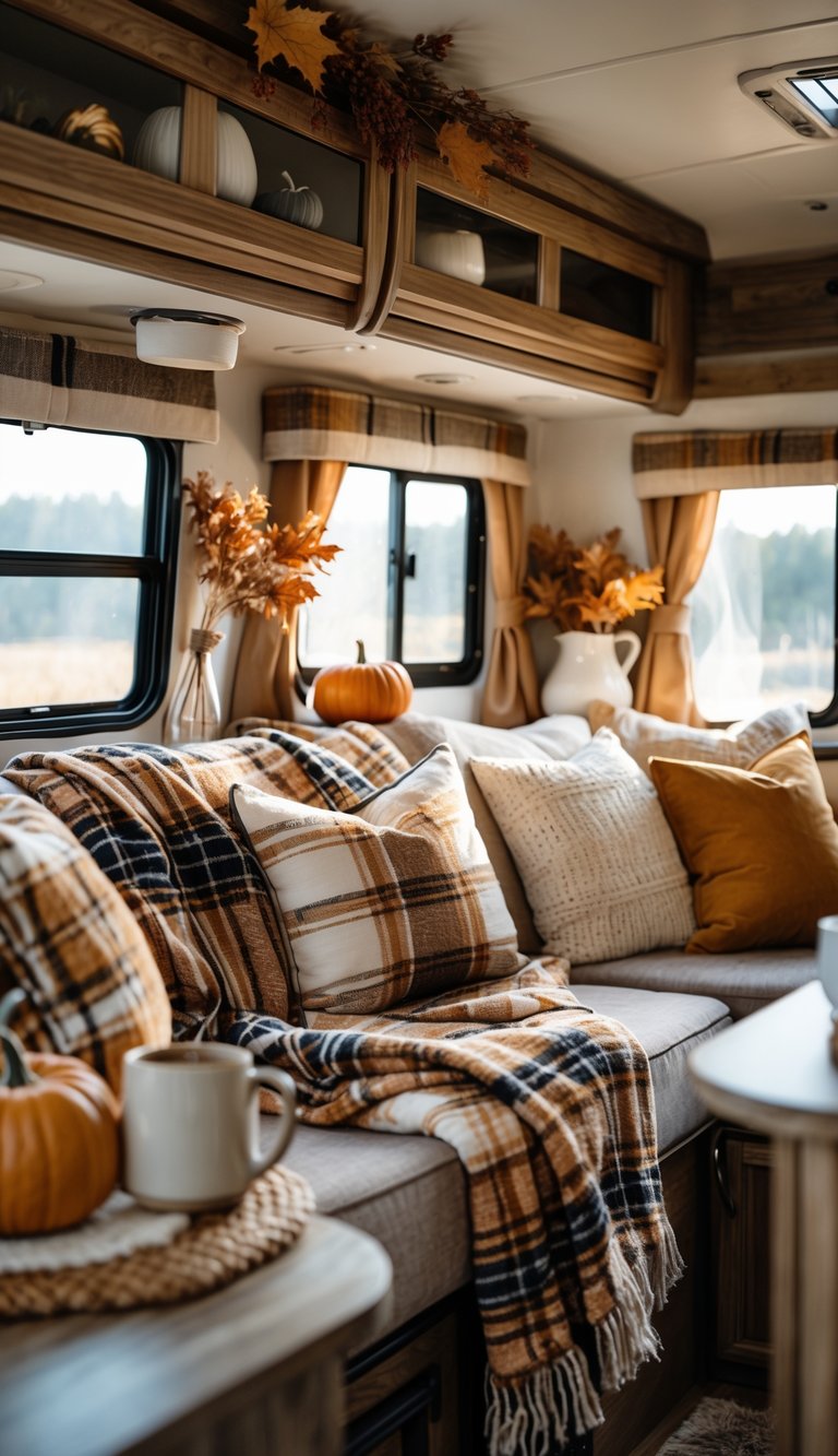 Interior of an RV decorated for fall with plaid throw blankets on the seats and autumn decorations.