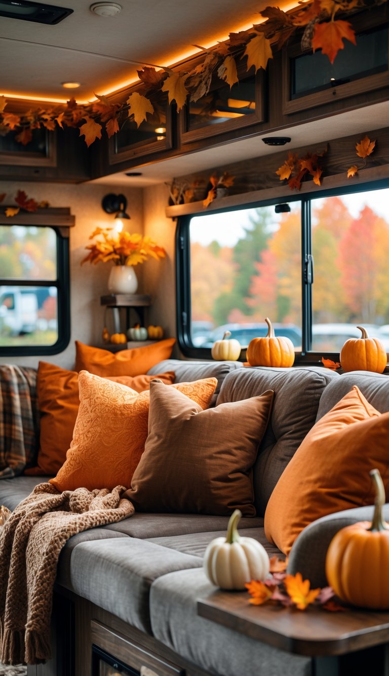 Cozy RV interior with orange and brown throw pillows on a sofa, autumn decorations, and fall foliage visible through the windows.