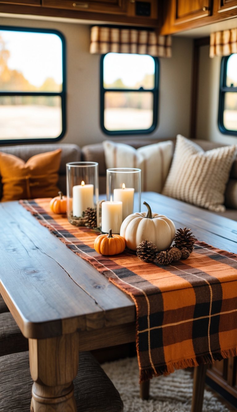 An RV dining table with a plaid table runner and fall decorations inside a cozy RV interior.