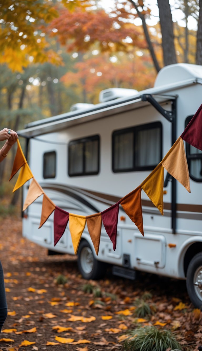 A person hanging fabric bunting in fall colors outside an RV surrounded by autumn trees and fallen leaves.