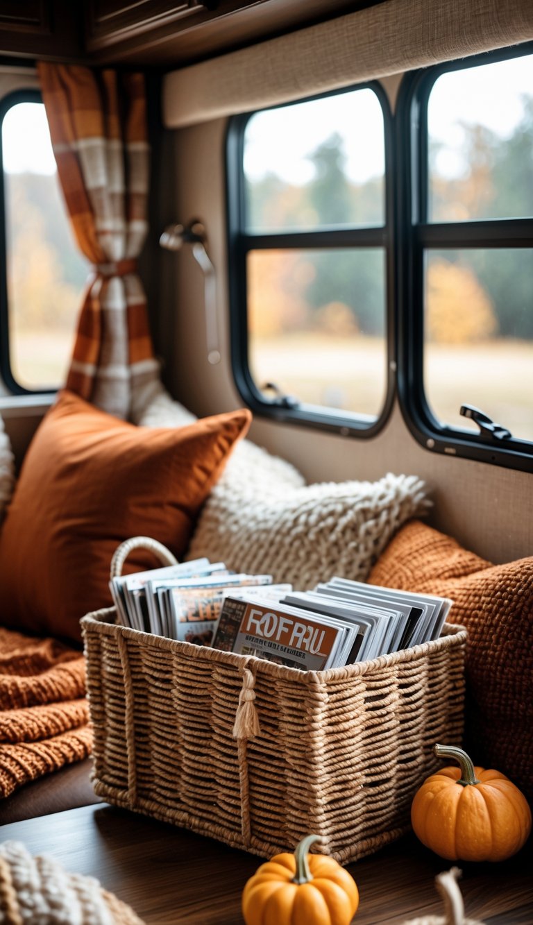 A woven basket filled with magazines inside a cozy RV decorated with fall-themed items like cushions, a throw blanket, and small pumpkins.