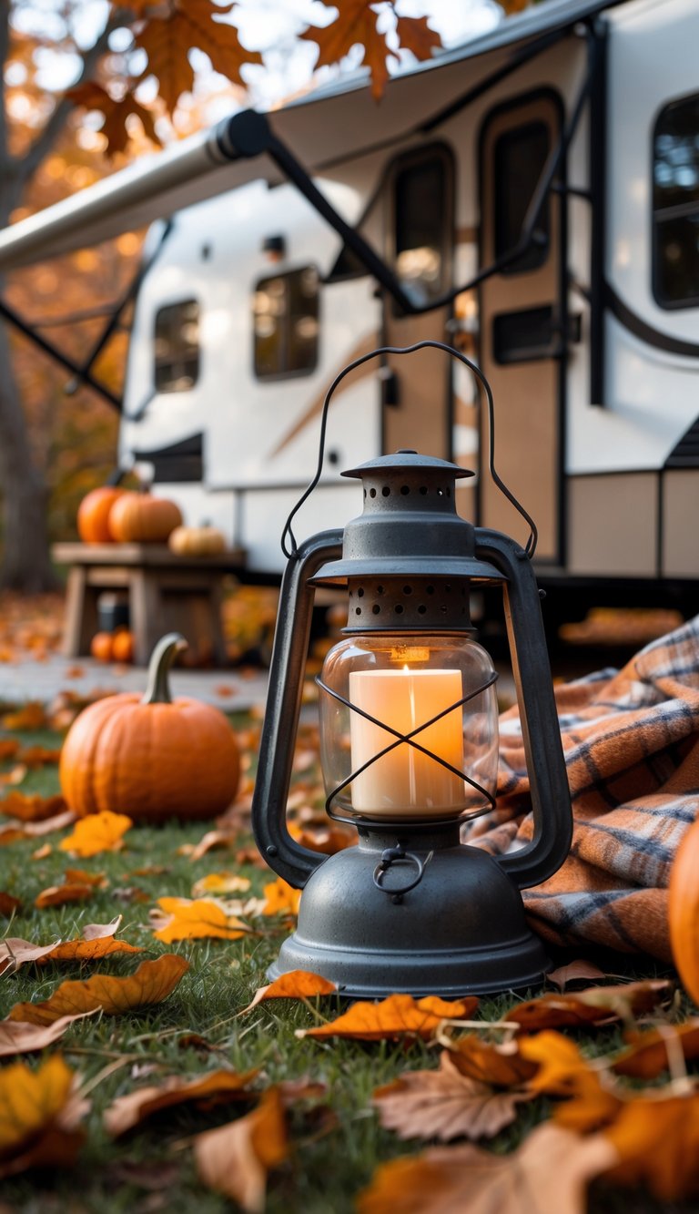 A vintage metal lantern being placed outdoors surrounded by fallen autumn leaves near an RV.