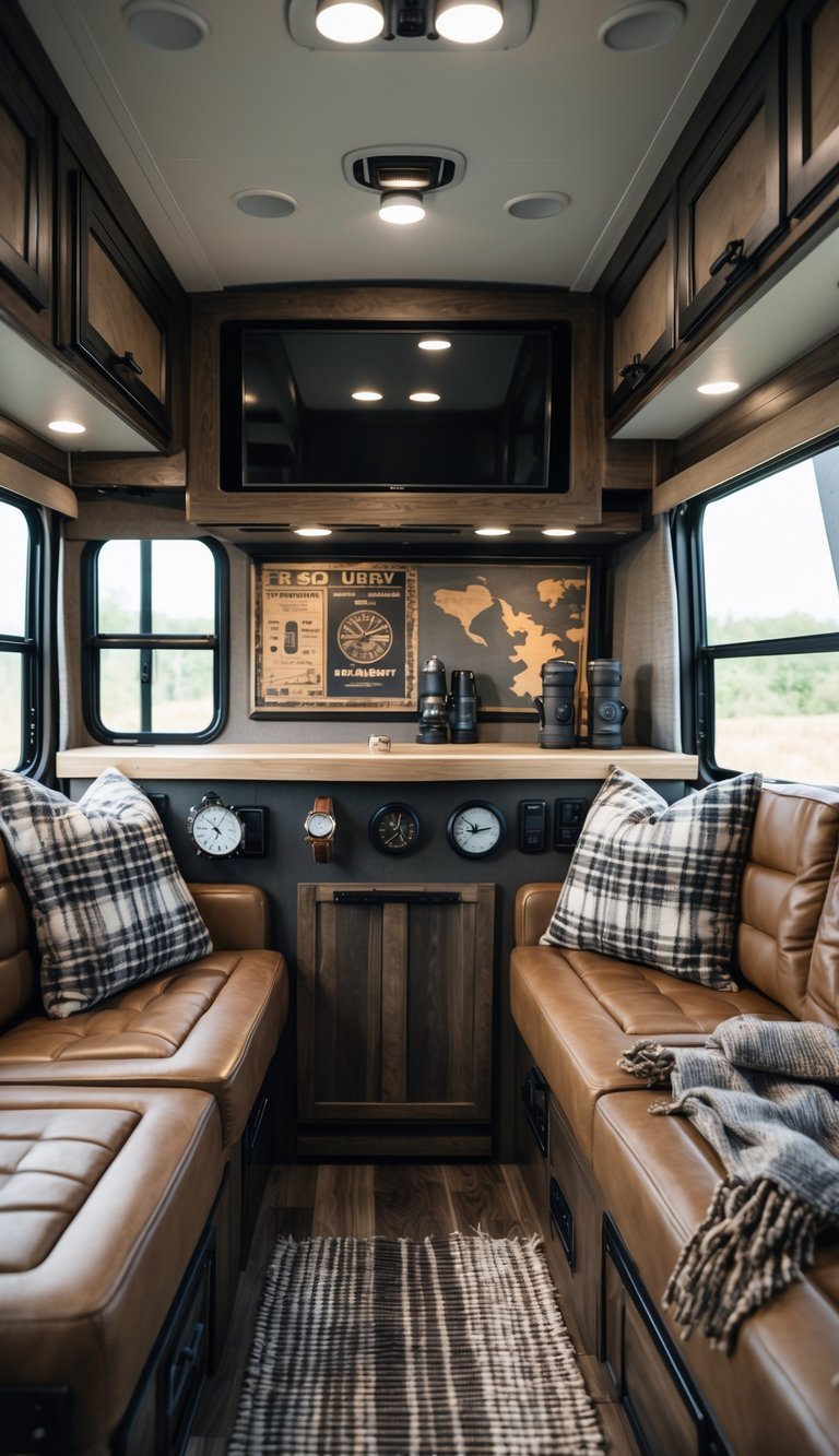 Interior of a modern RV with dark wood furniture, leather seats, plaid cushions, and outdoor gear displayed on shelves.