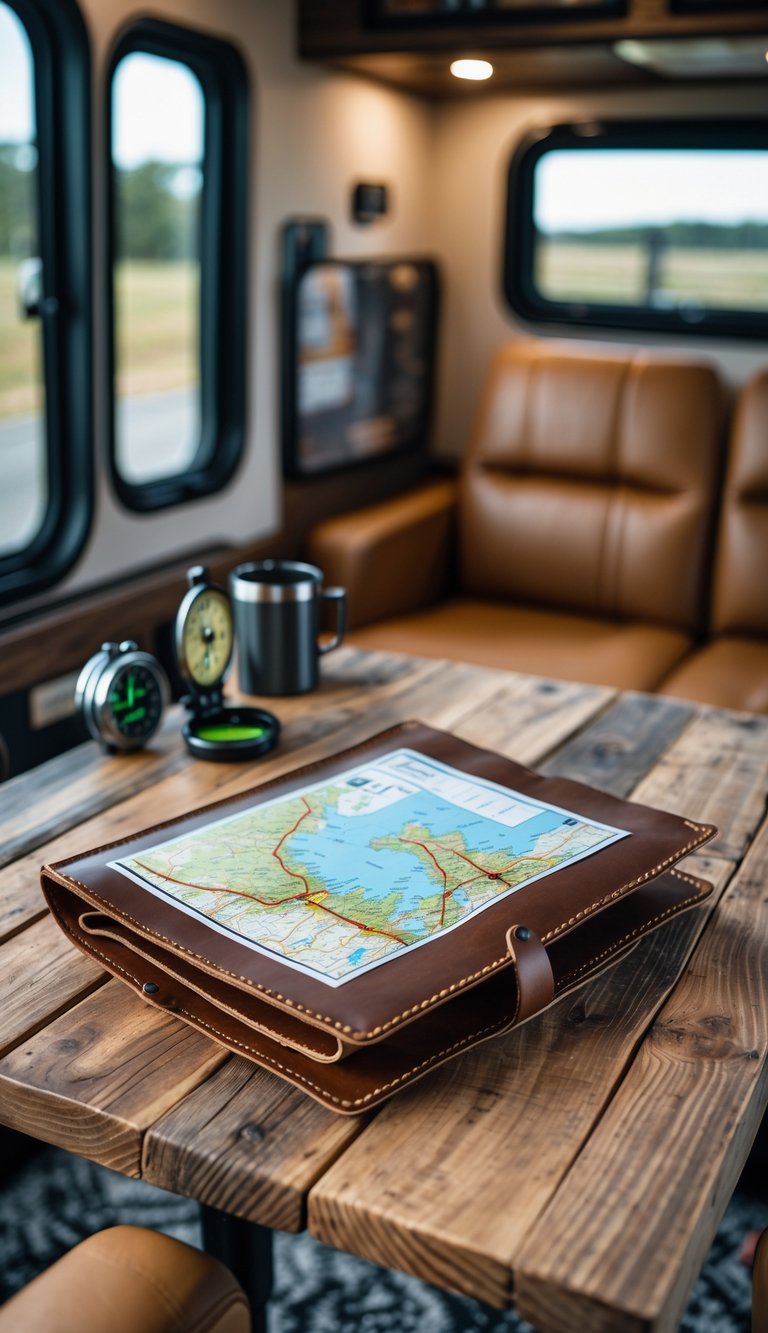 An open leather bifold map holder with a folded map inside, placed on a wooden table surrounded by a compass, flashlight, and travel mug inside an RV.
