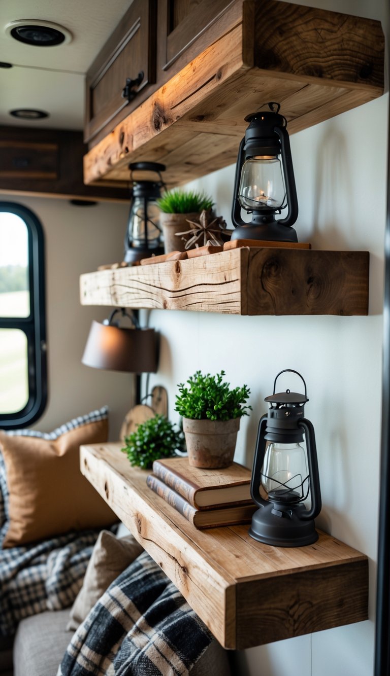 Interior of an RV showing wooden shelves with decorative items and a seating area with cushions and a blanket.