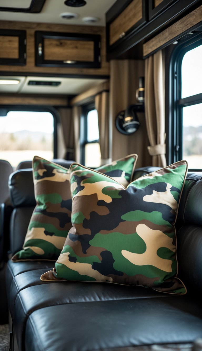 Camouflage patterned throw pillows on a dark leather couch inside an RV with rustic wood and metal decor.