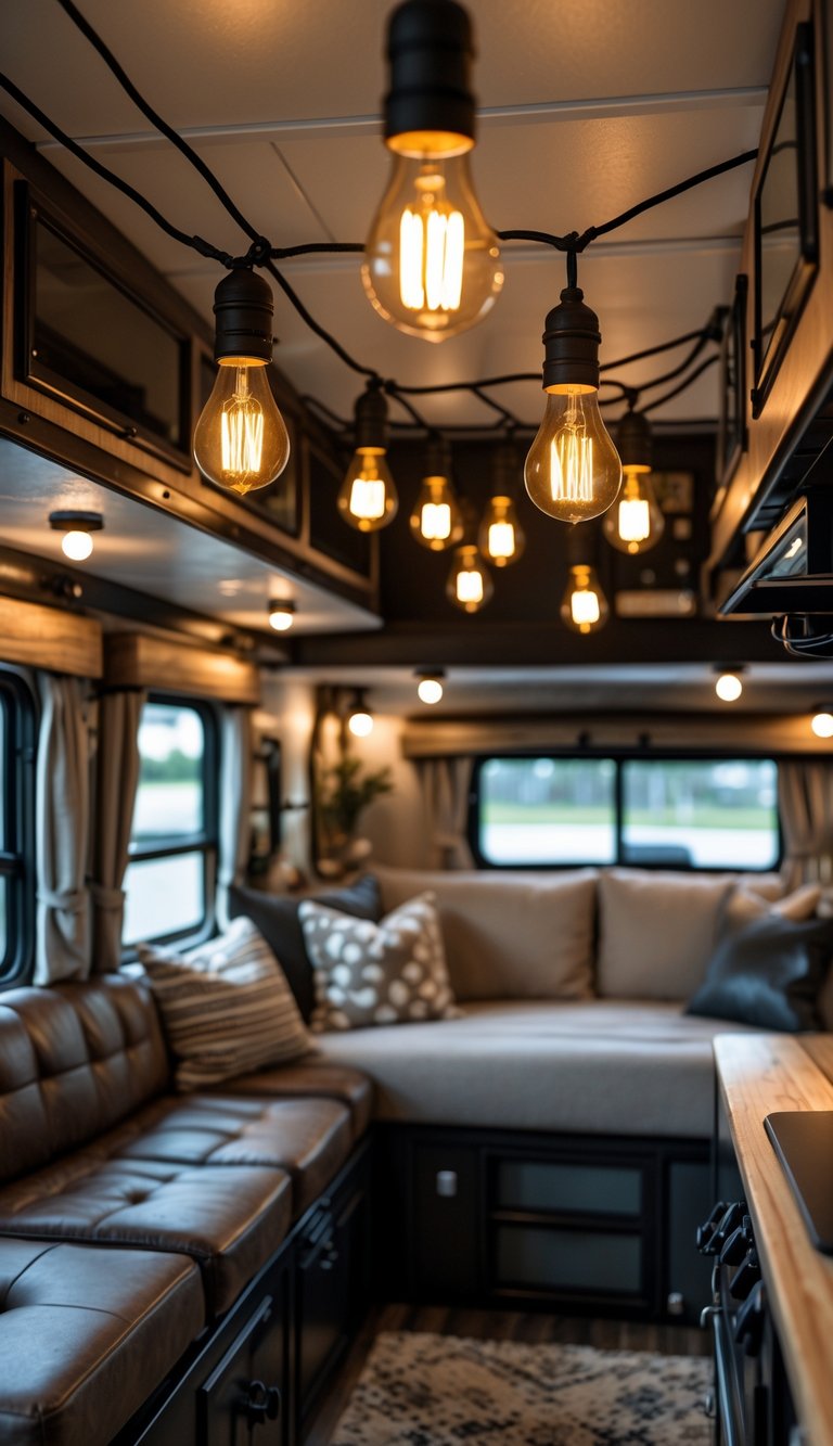Interior of an RV with hanging Edison bulb lights illuminating a cozy living space with leather seating and wooden accents.