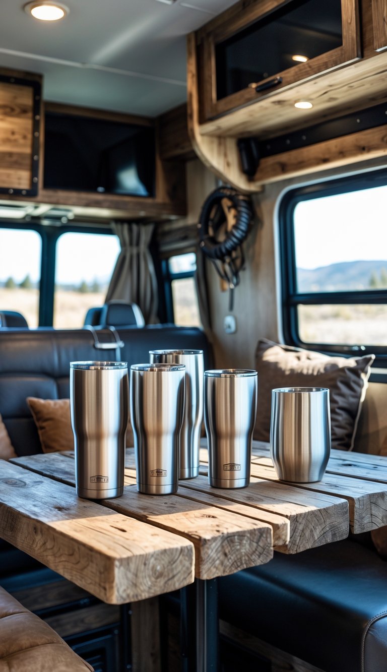 Stainless steel drinkware arranged on a wooden table inside a modern RV with masculine decor and natural light.