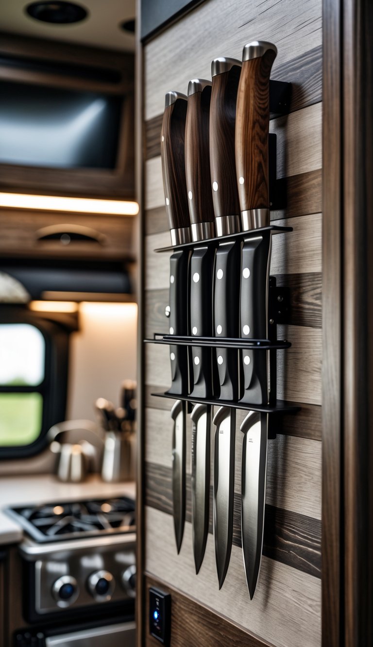 A magnetic knife strip holding various kitchen knives mounted on a wall inside an RV kitchen.