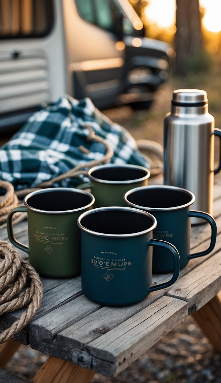 Enamel camping mugs on a wooden table outdoors with camping gear and an RV in the background.