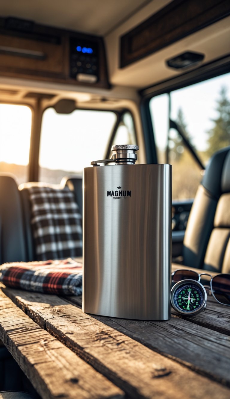 A stainless steel flask on a wooden table inside a decorated RV with masculine decor and outdoor gear.