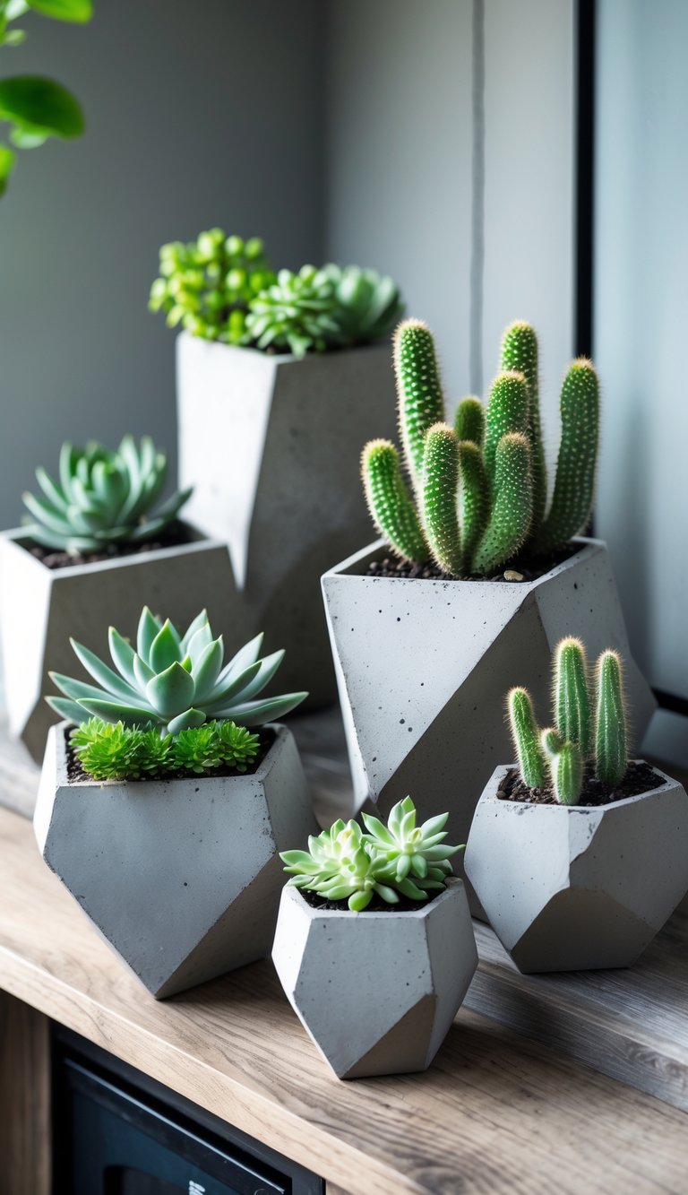 A group of geometric concrete planters filled with green succulents and cacti arranged on a wooden surface.