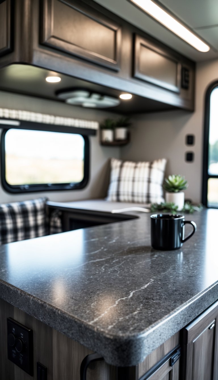 Modern RV interior featuring a charcoal gray granite countertop with dark wood cabinets and stylish decor.