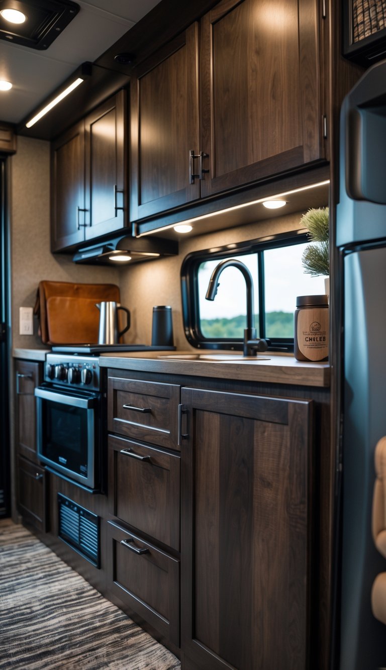 Dark birch wood cabinets inside an RV with masculine decor and organized living space.