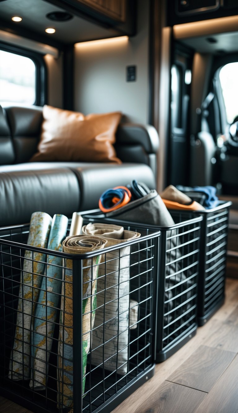 Metallic grid storage baskets arranged with camping gear inside a modern RV interior.