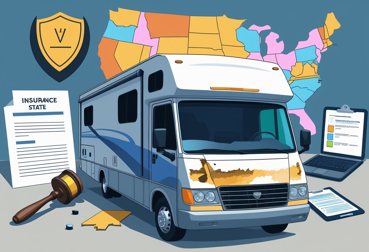 An RV with visible repairs surrounded by symbols of insurance and legal regulations, with a US map highlighting different states in the background.