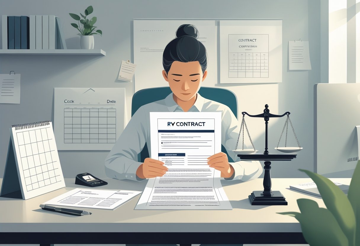 A person reviewing an RV contract document at a desk with a small RV model and a checklist nearby in a tidy office setting.