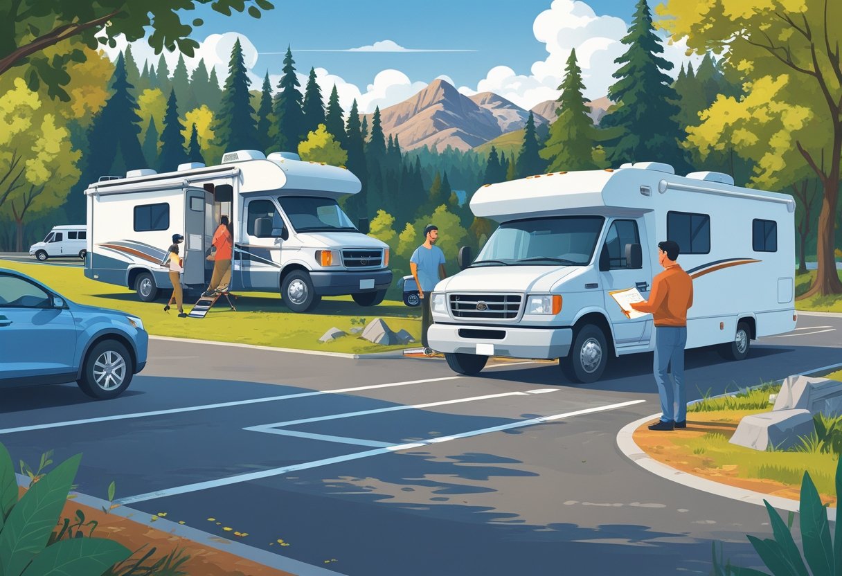 A scene showing people preparing and using RVs in different temporary situations like camping, roadside stops, and rental, highlighting the need for temporary RV insurance.
