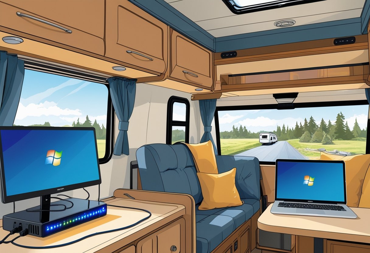 Interior of an RV showing a laptop and router connected with Ethernet cables, with a window view of a forest outside.