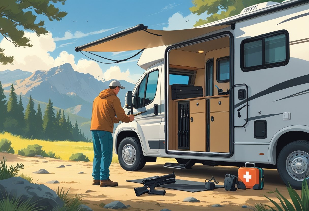 A person securing a firearm inside a locked compartment in an RV parked in a natural outdoor setting.