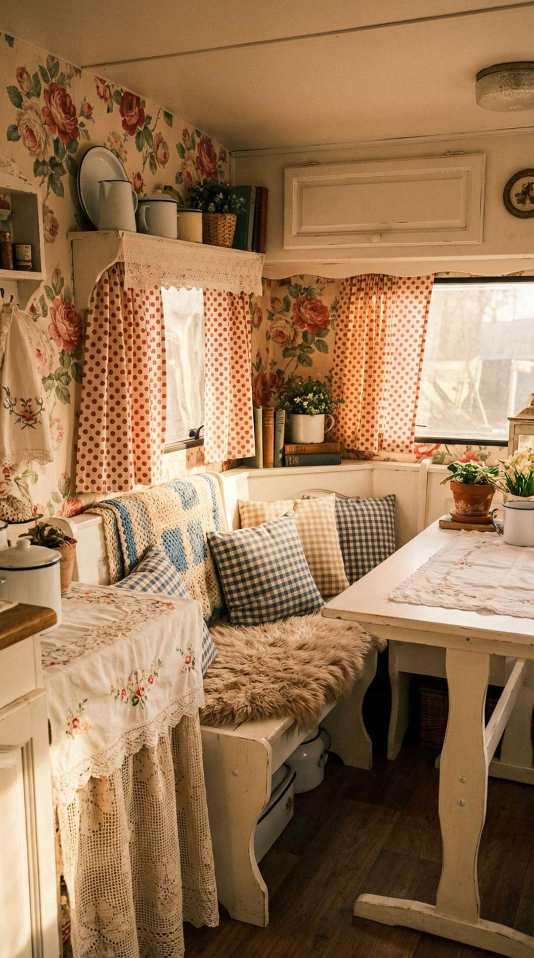 Different pattern scales mixed in shabby chic camper