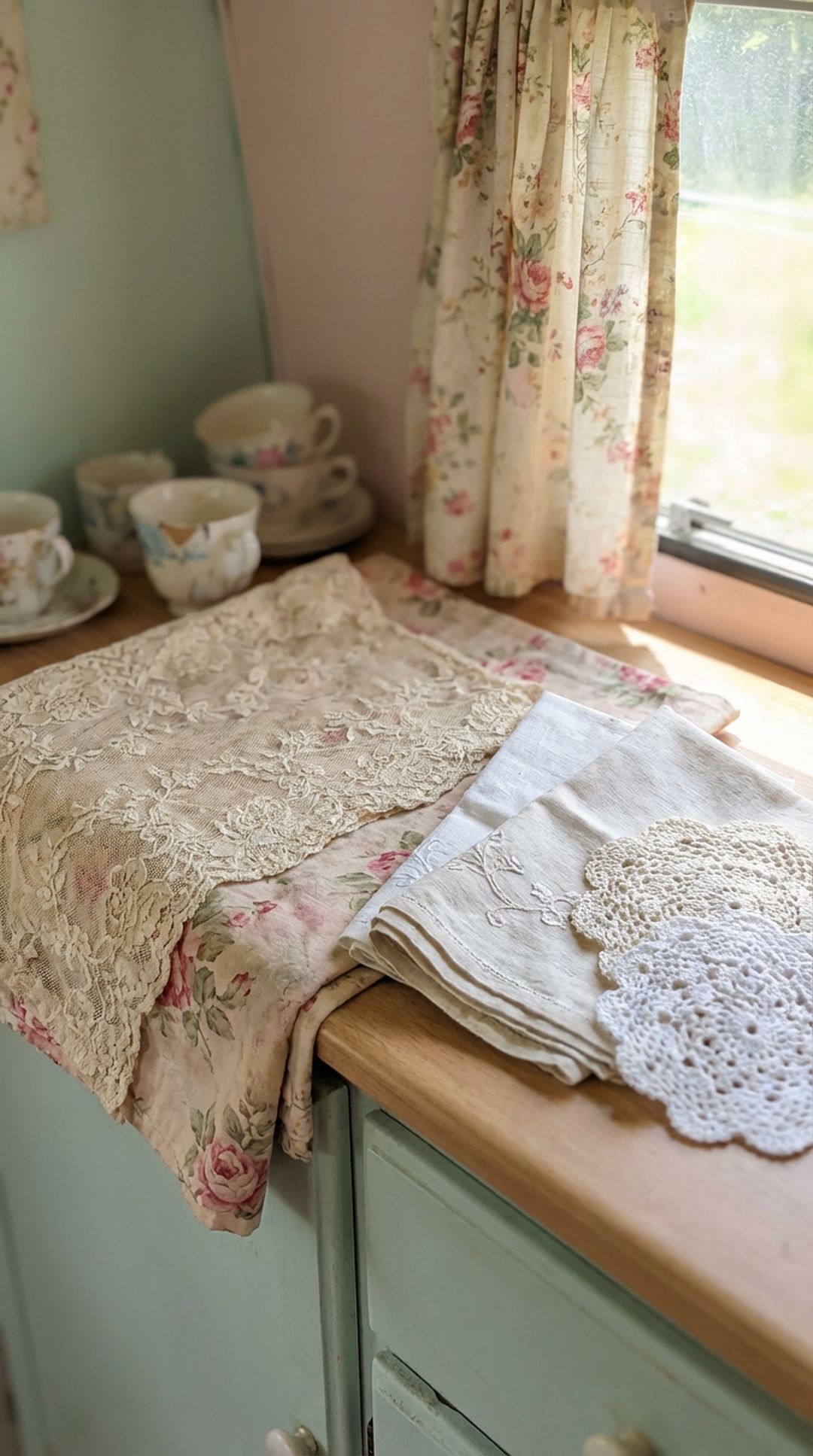 Vintage lace layered with patterns in shabby chic camper