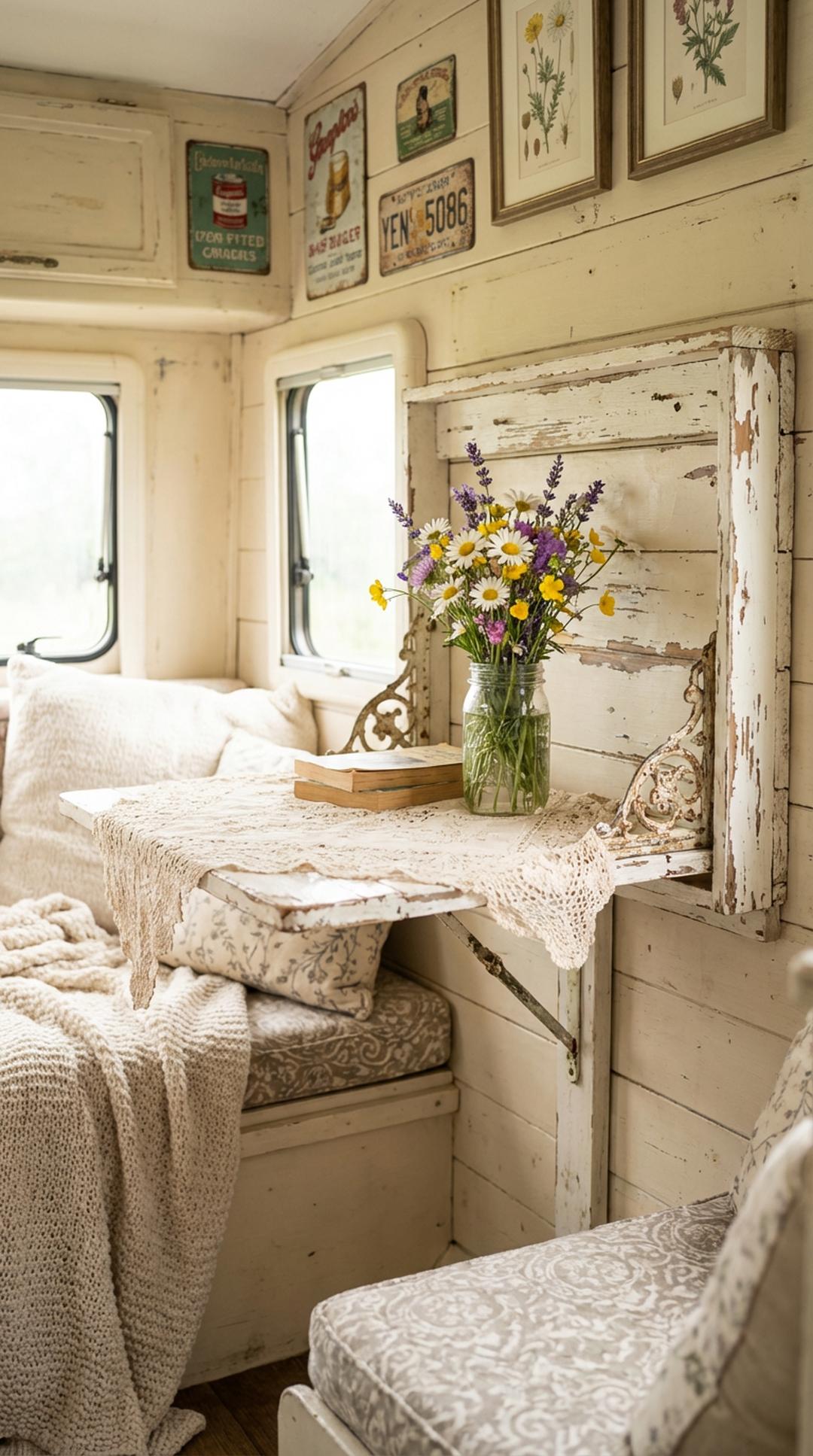 Shabby chic fold-down wall table in camper