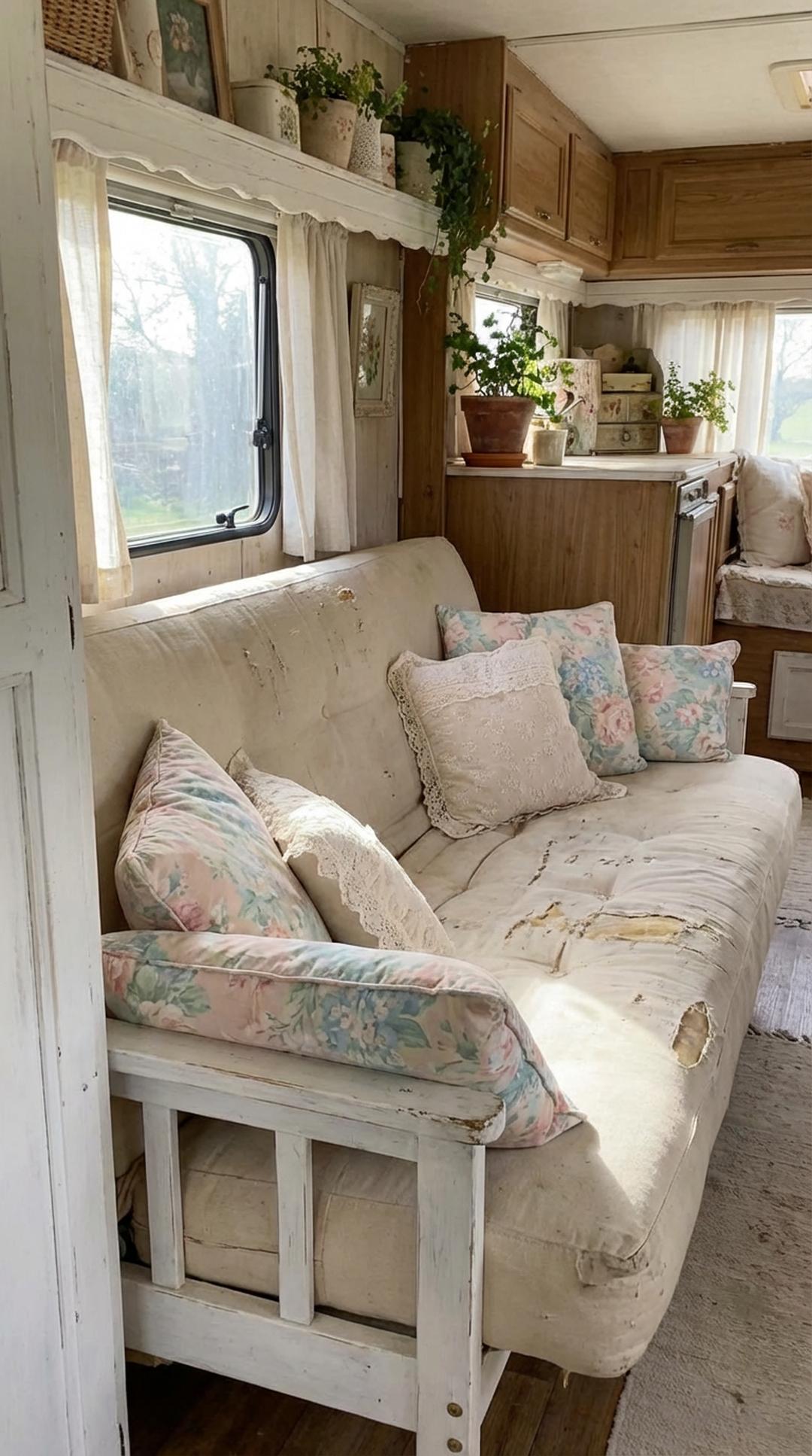 Shabby chic convertible sofa bed in camper