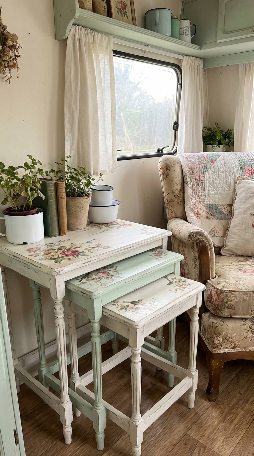 Shabby chic nesting tables in camper