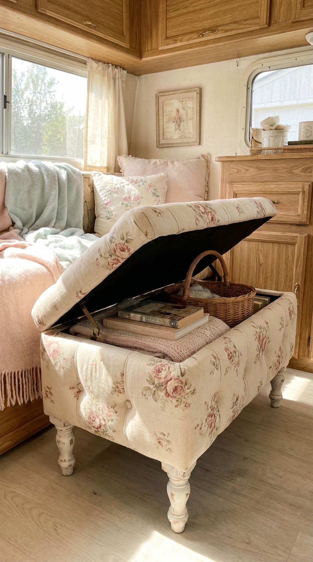 Shabby chic collapsible ottoman with storage in camper