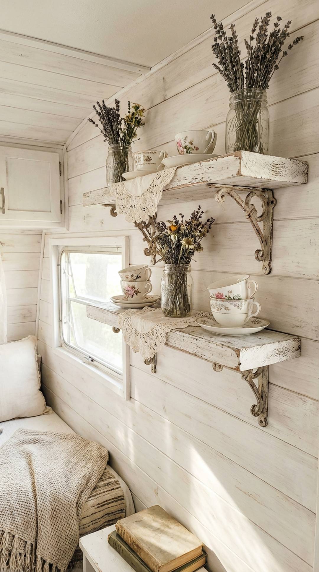 Shabby chic floating shelves in camper