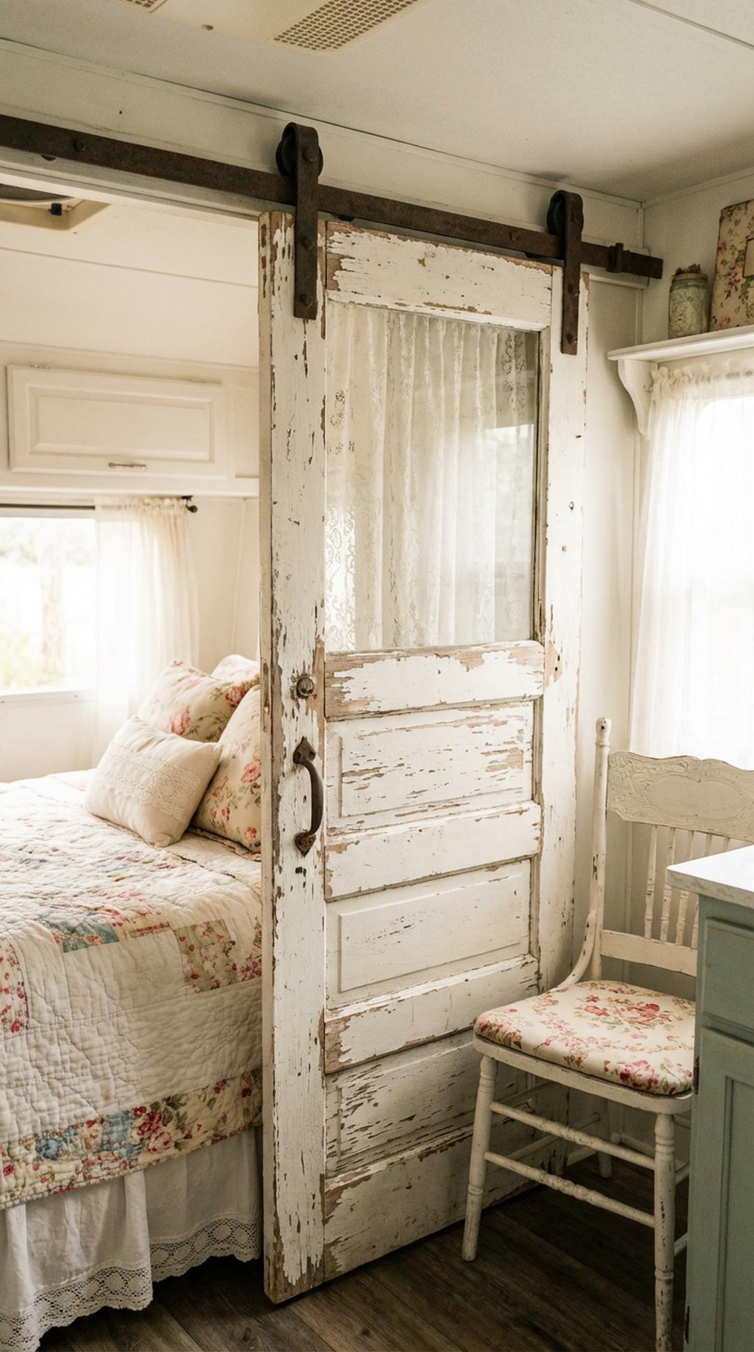 Shabby chic sliding barn door in camper