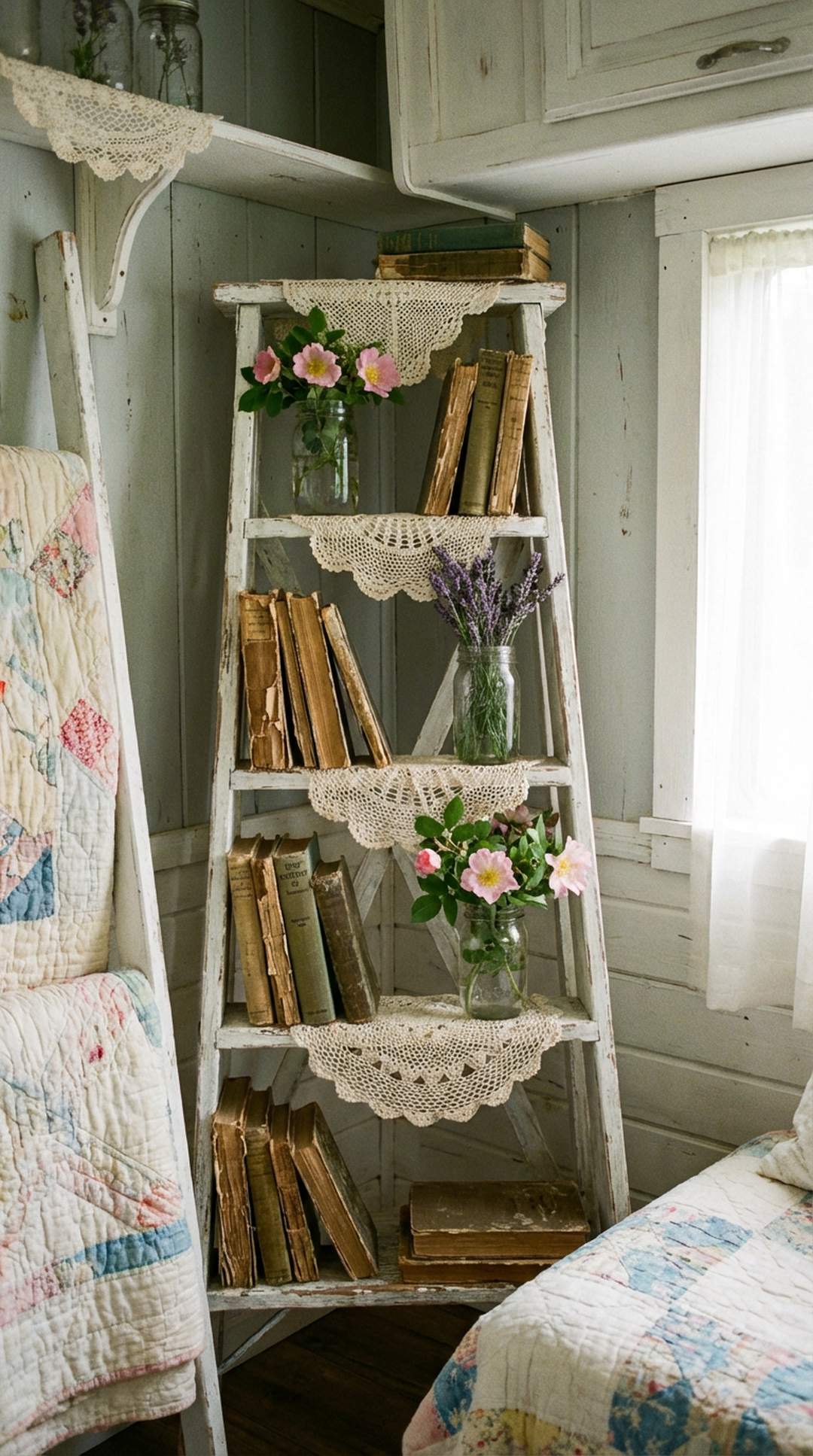 Shabby chic corner ladder shelf in camper
