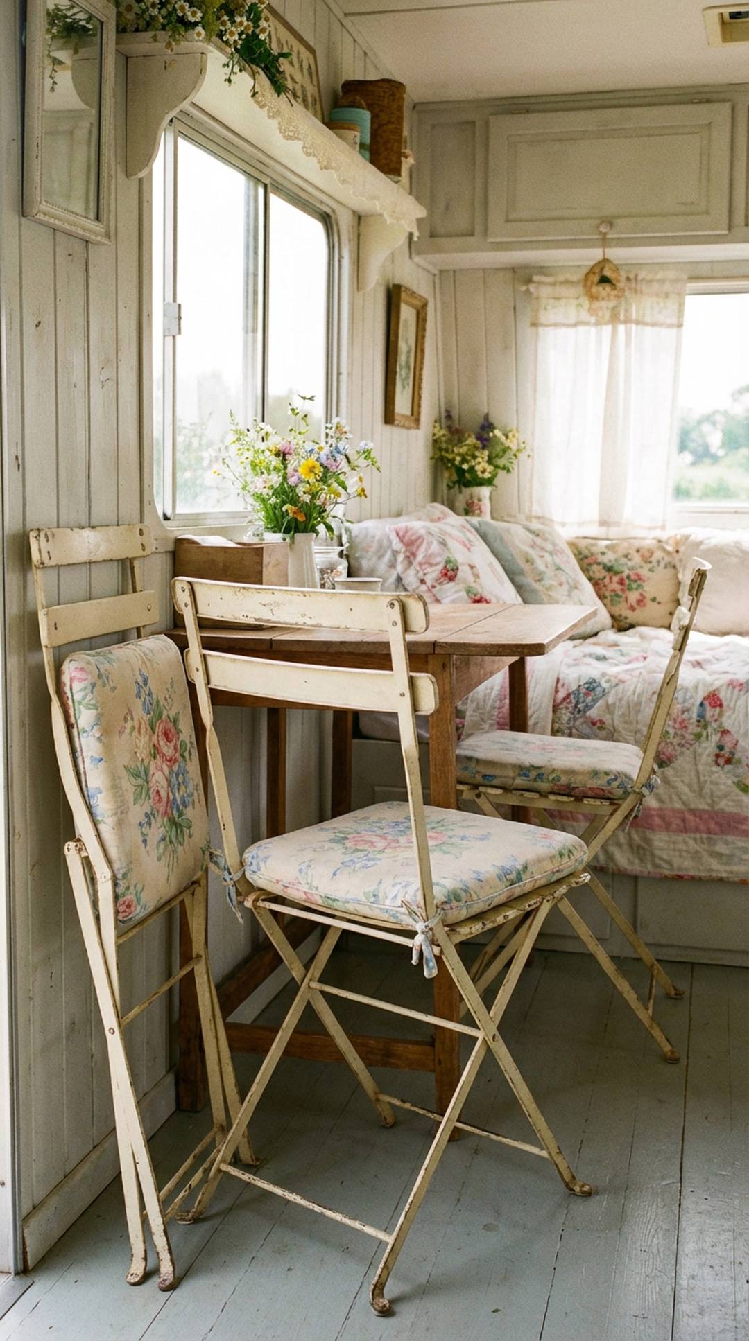 Shabby chic folding bistro chairs in camper