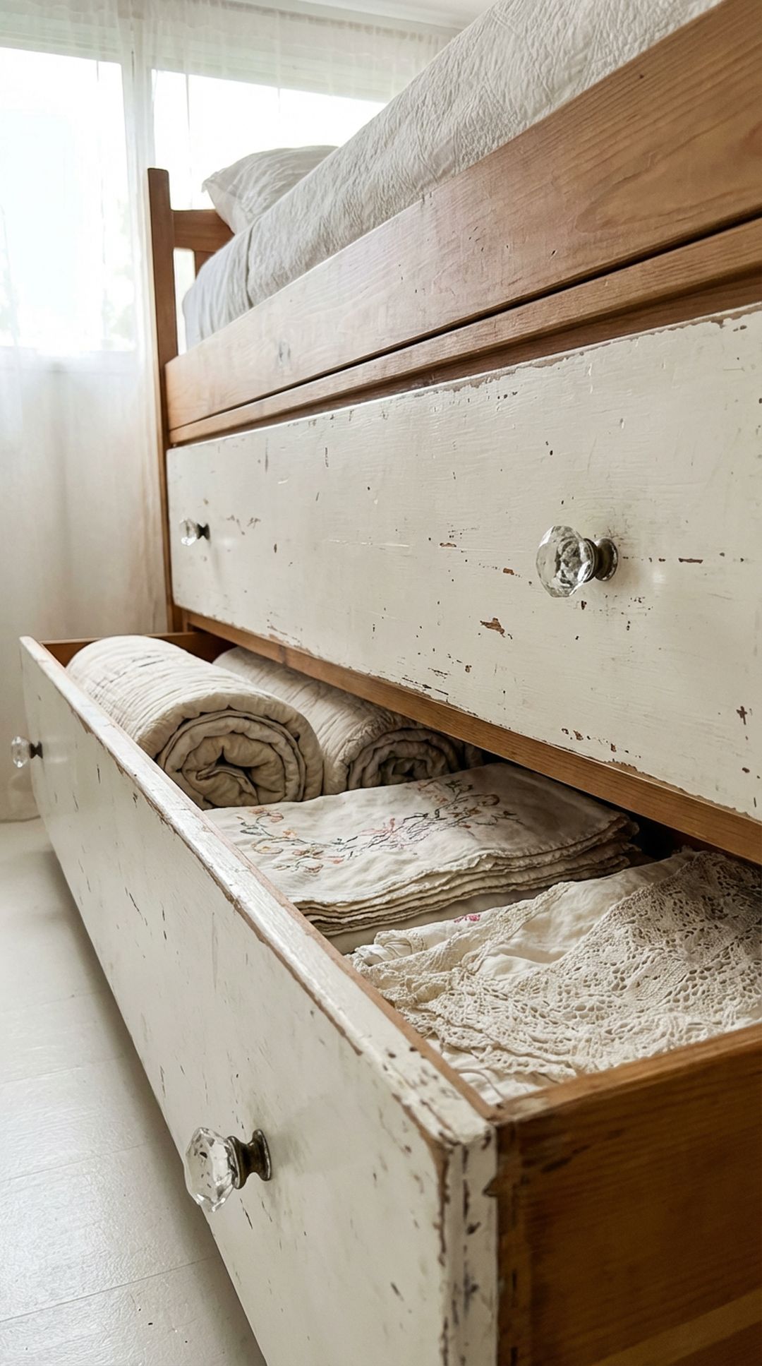 Shabby chic under-bed storage drawers in camper