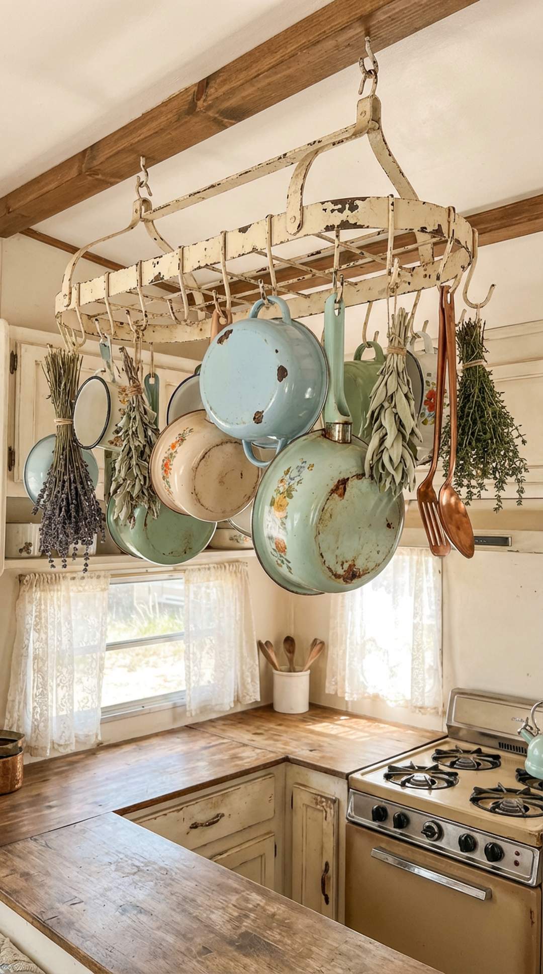 Shabby chic hanging pot rack in camper kitchen