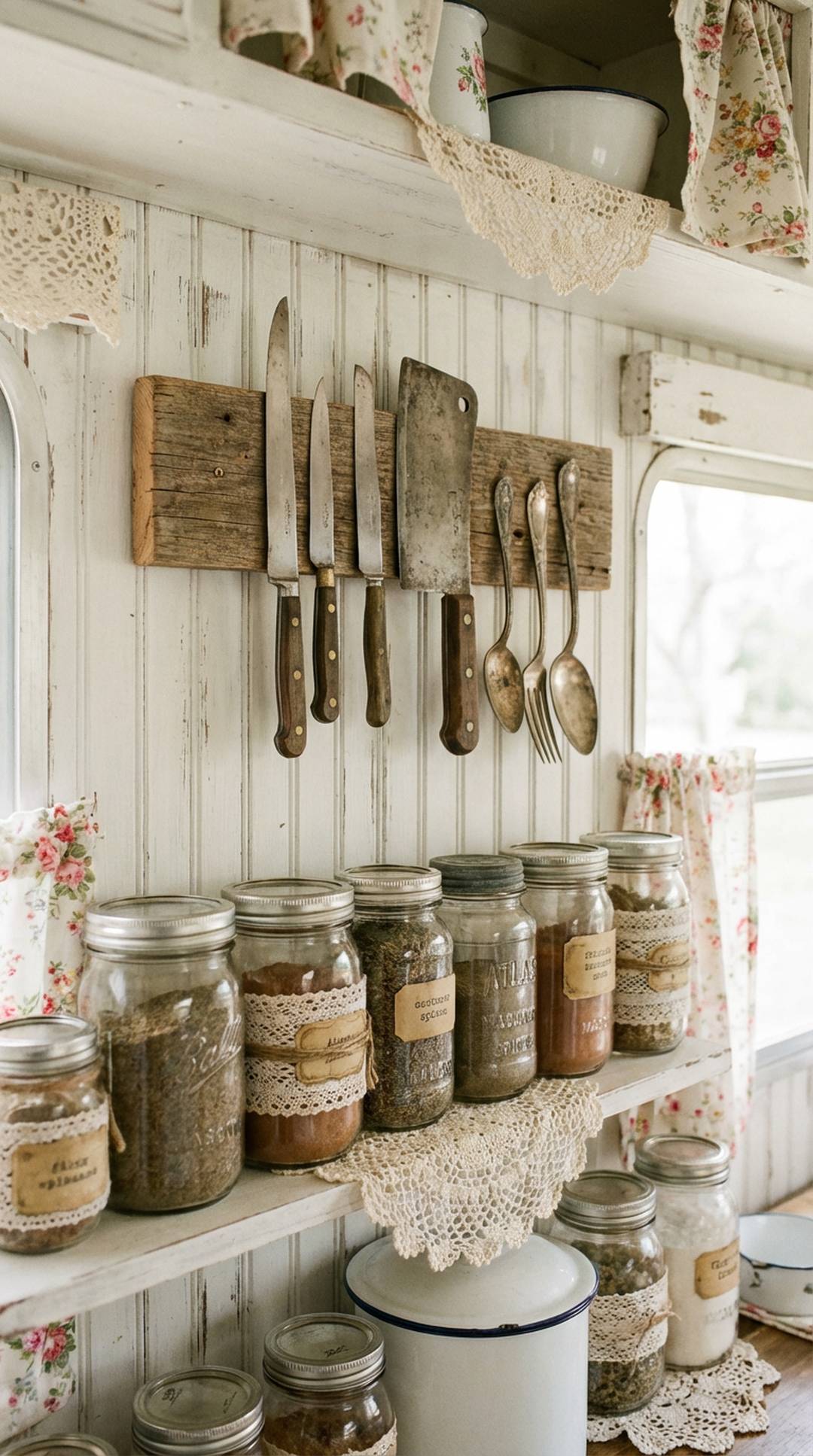 Shabby chic magnetic knife strip and spice rack in camper