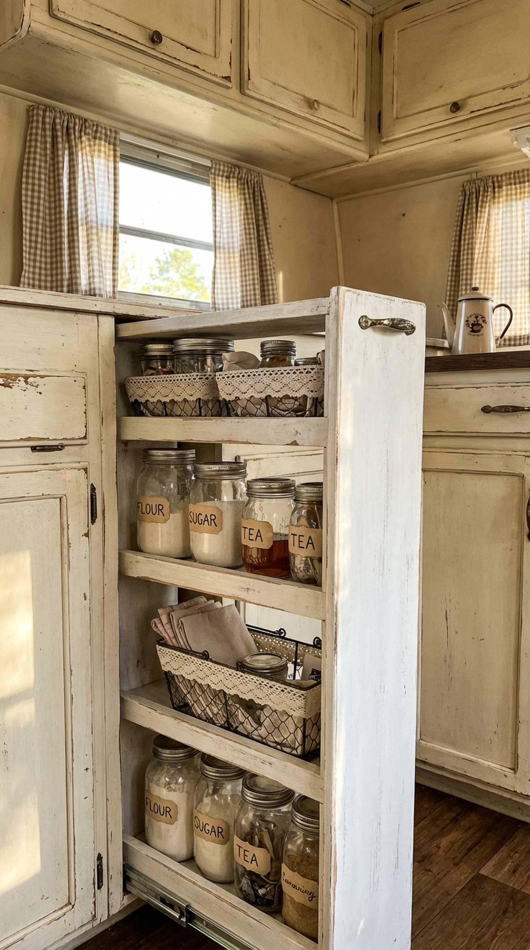 Shabby chic pull-out pantry cabinet in camper
