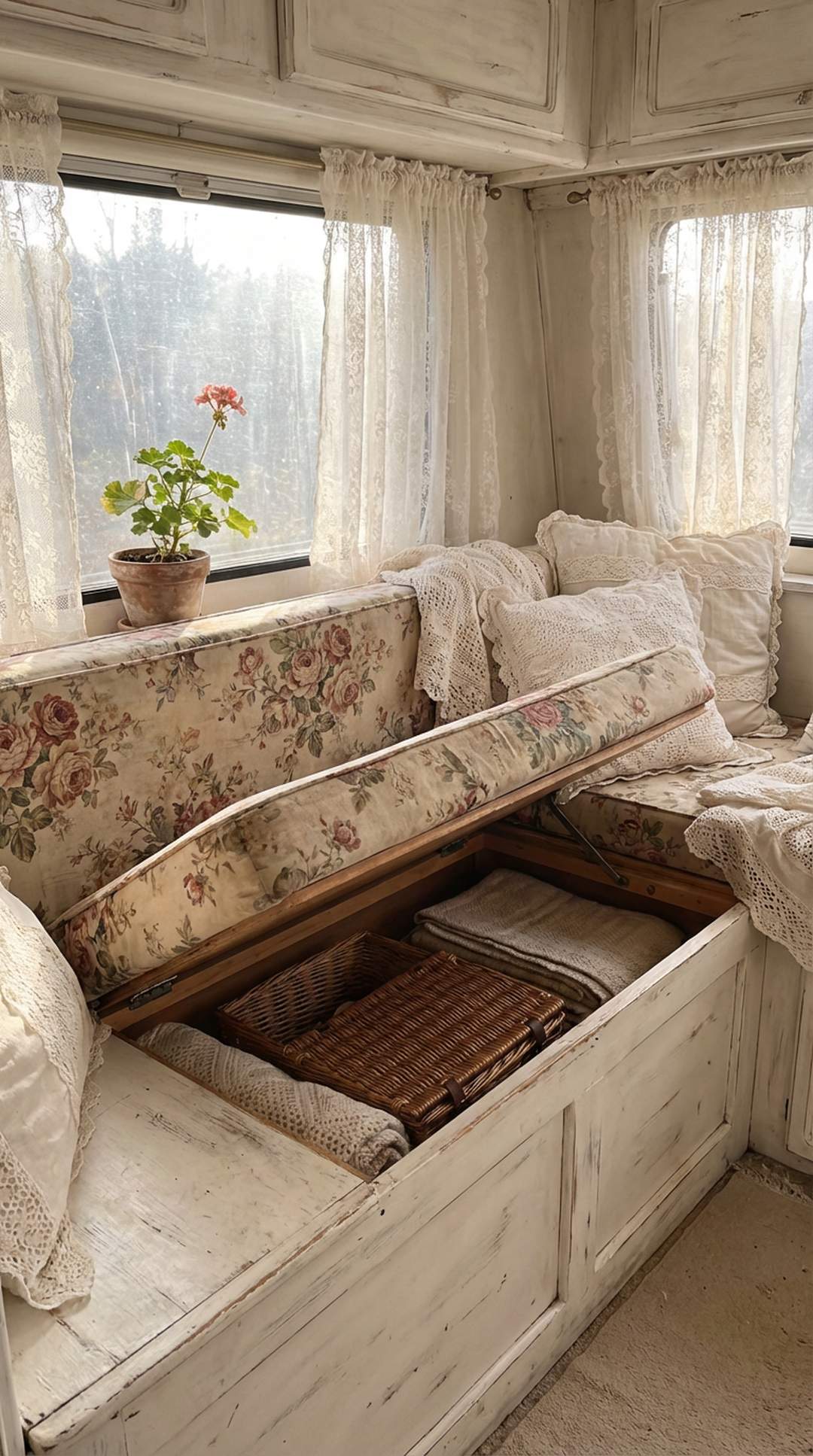 Shabby chic window seat with storage in camper
