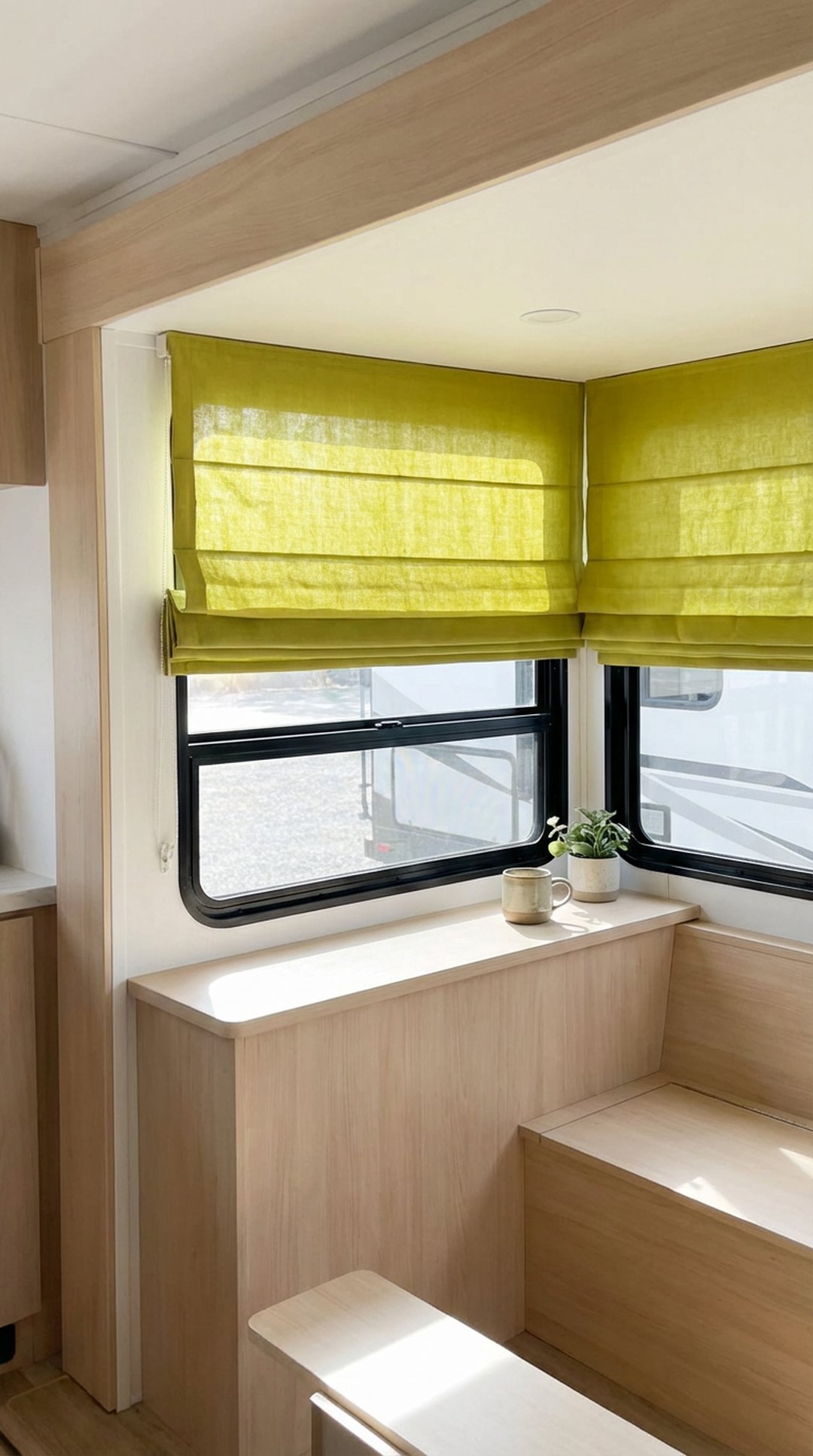Chartreuse green Roman shades in RV window