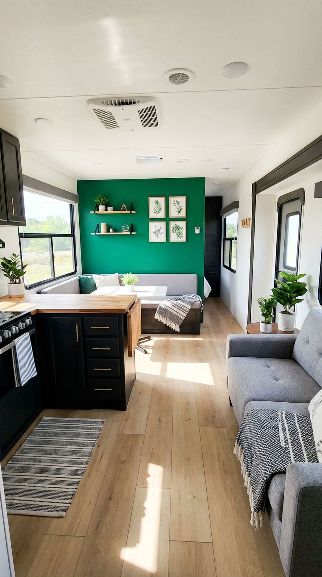Emerald green accent wall in RV interior