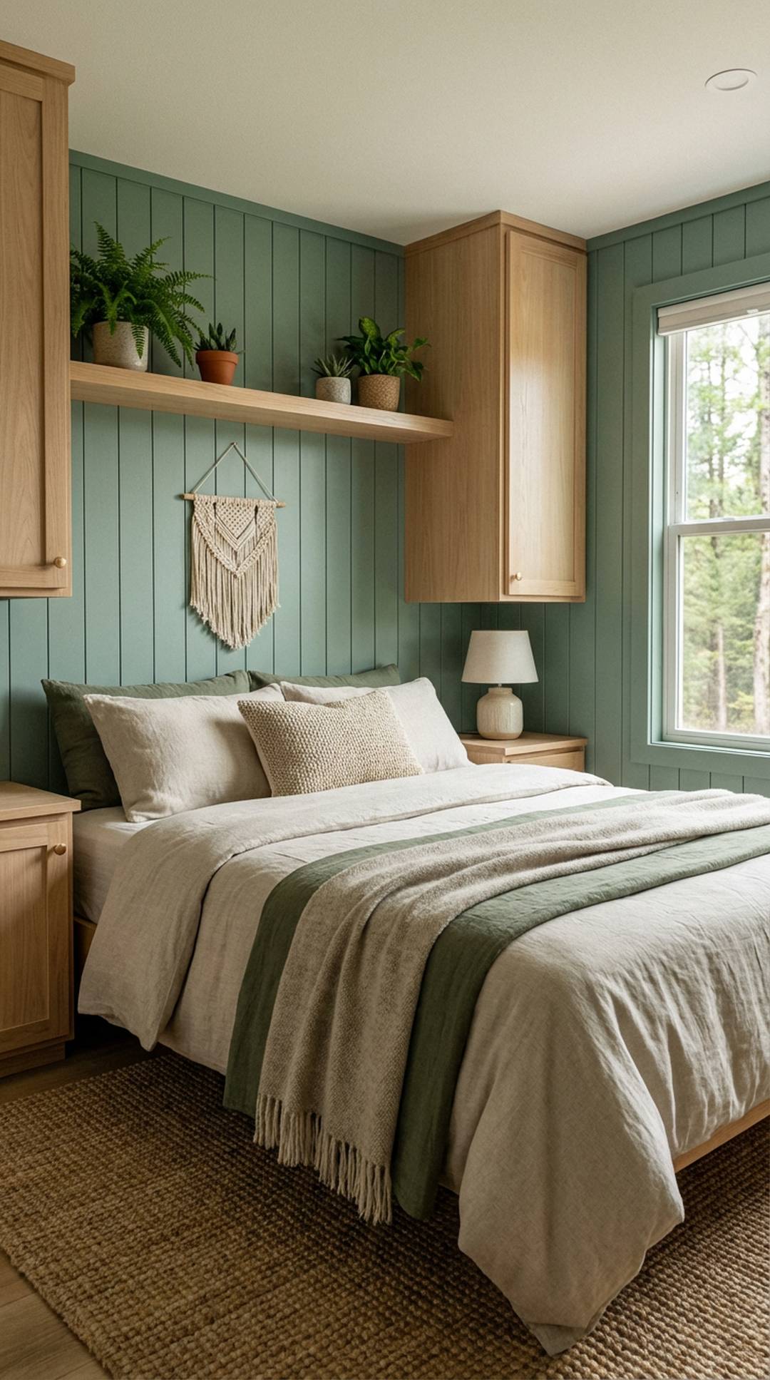 Eucalyptus green painted wood paneling in RV bedroom