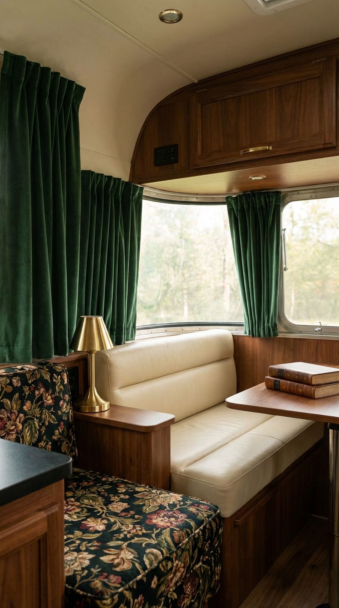 Forest green velvet curtains in RV