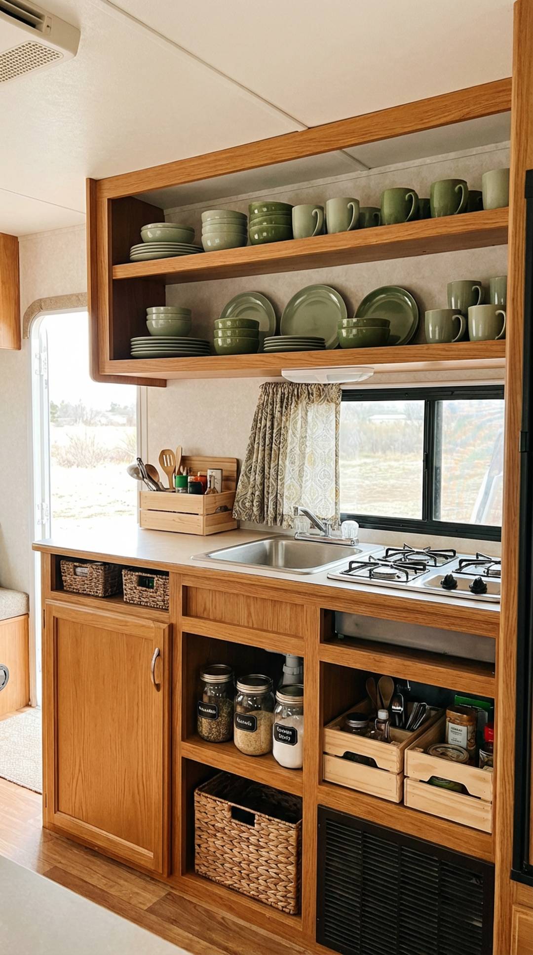 Green ceramic dishes displayed in RV kitchen